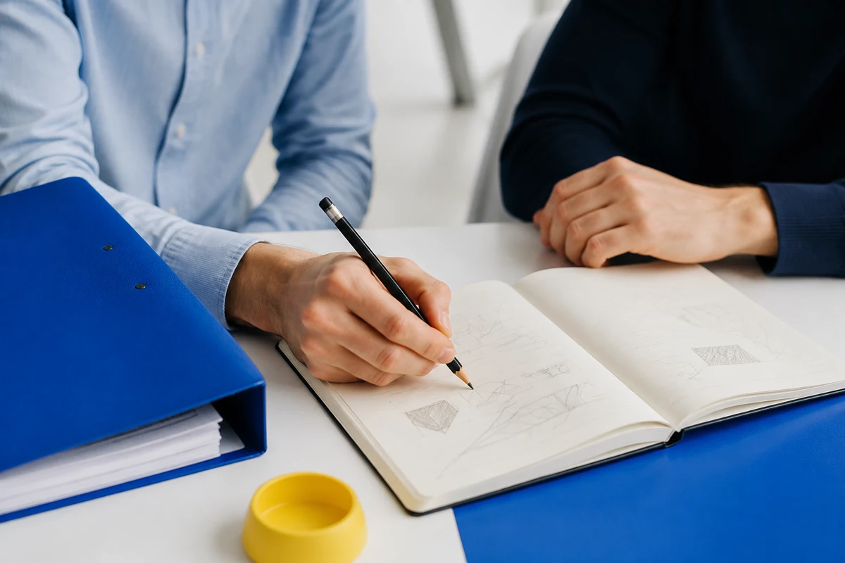 Mâini care notează idei într-un caiet, într-un cadru de studiu